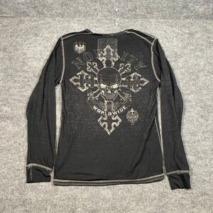 Nobility Mens XL Black Graphic Henley Long Sleeve Shirt Skull Biker Motors 1942